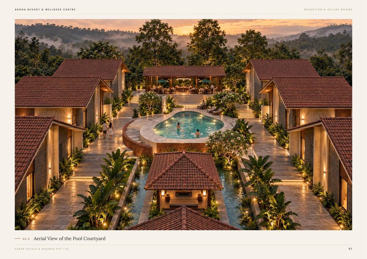 Reception pool courtyard, aerial view at evening