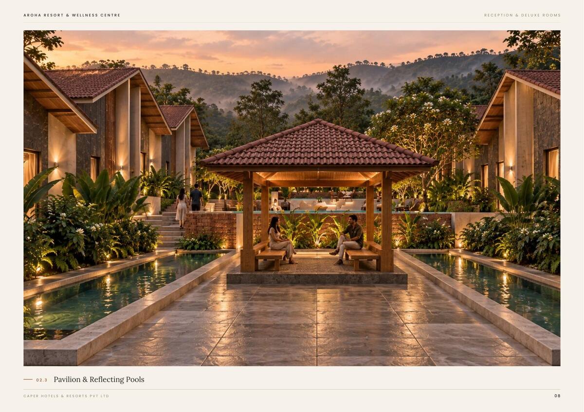 Reception pathway and reflecting pools at evening