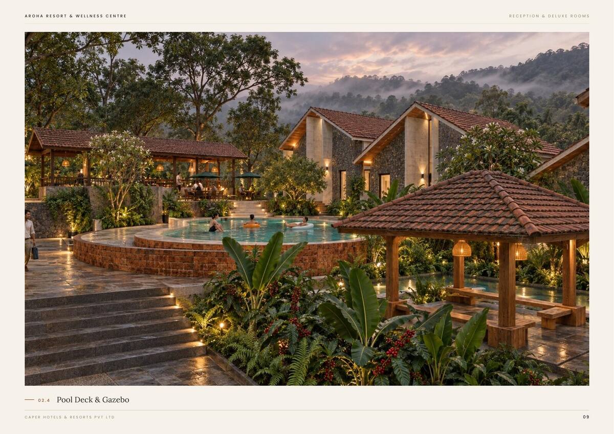 Reception pool front and gazebo at evening