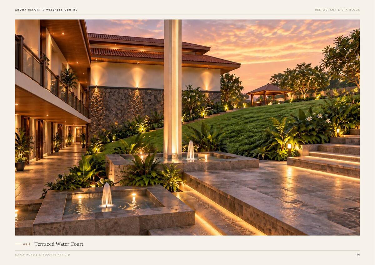 Restaurant & spa courtyard, exterior view at evening