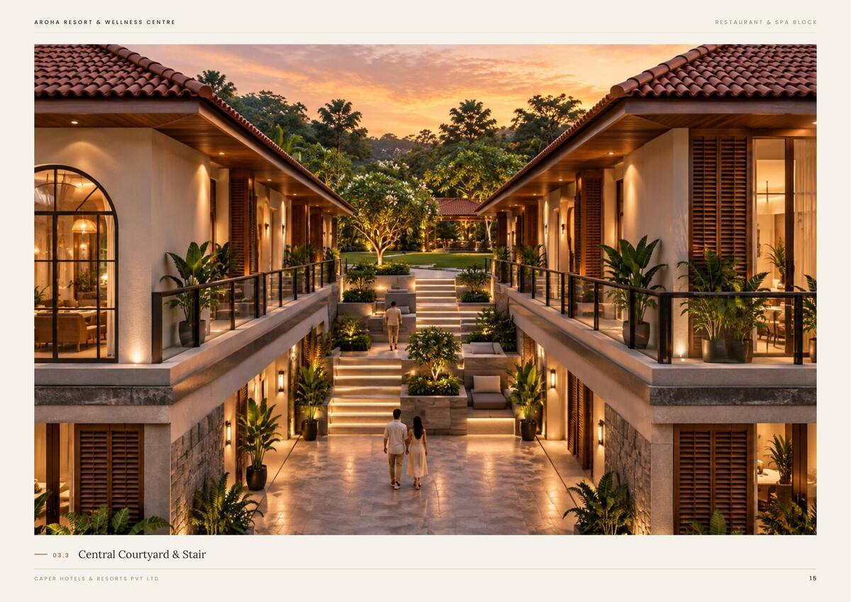 Restaurant & spa courtyard walkway, aerial view at evening