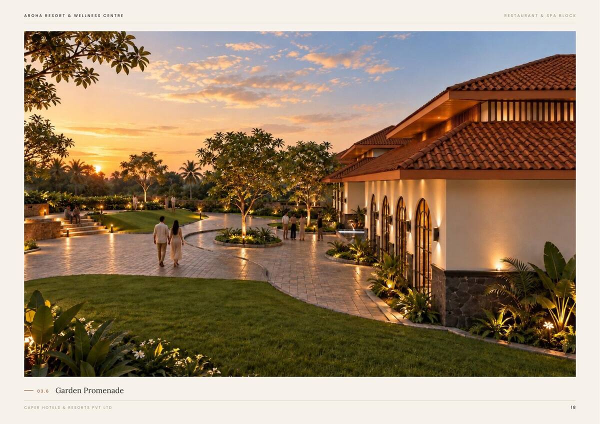 Restaurant entrance courtyard at evening