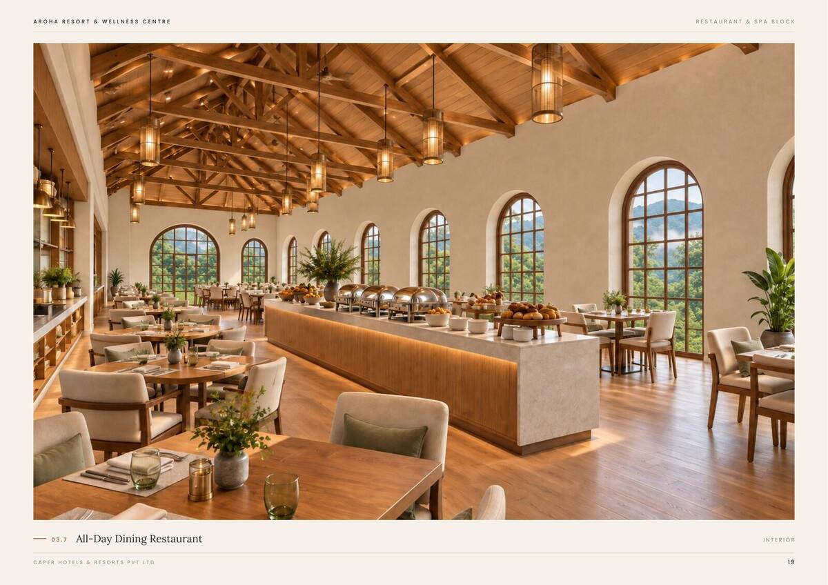 Restaurant dining hall interior with arched windows