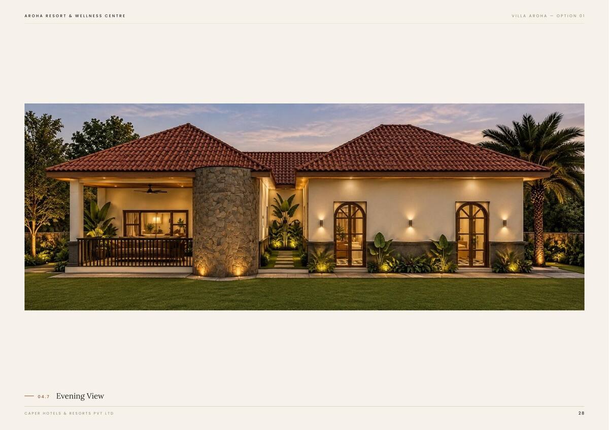 Villa Aroha Option 01, exterior at dusk