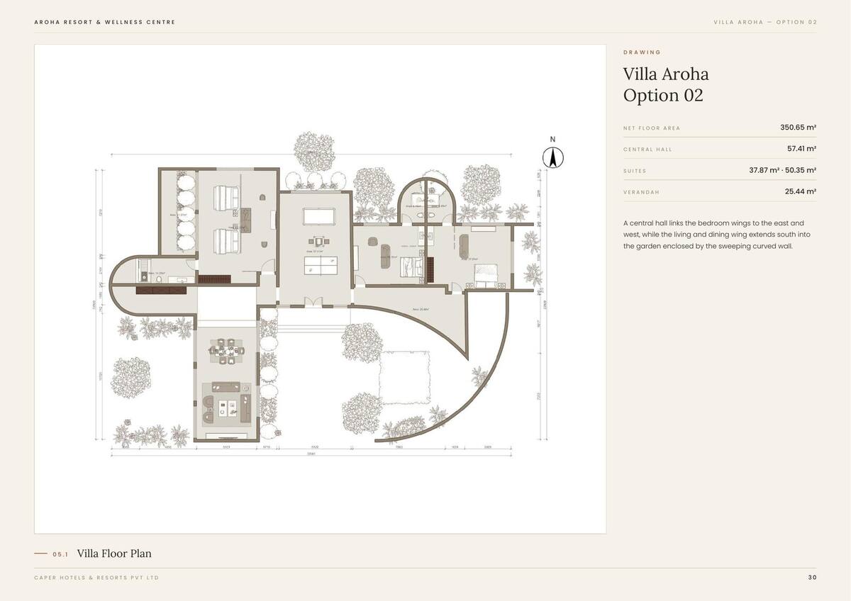 Villa Aroha Option 02, exterior with pool and floor plan