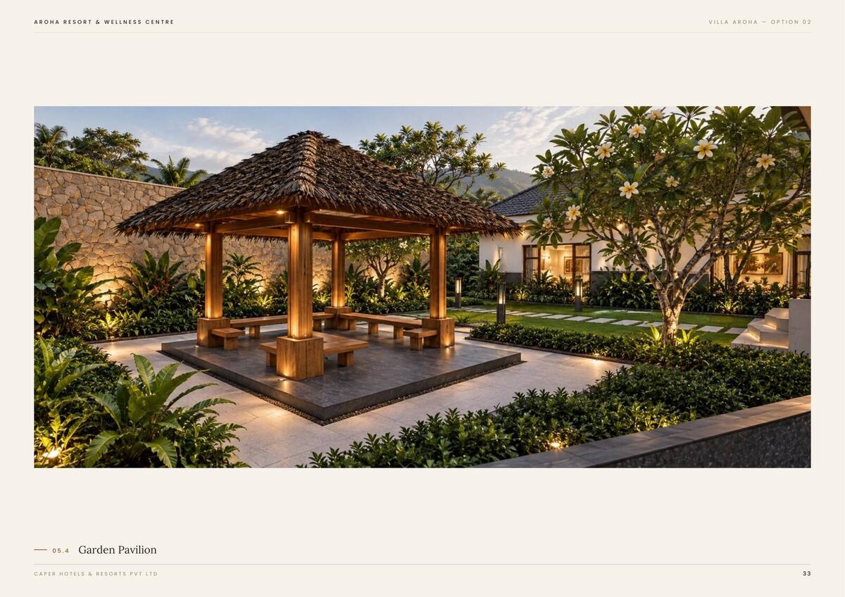 Villa Aroha Option 02, garden gazebo at evening