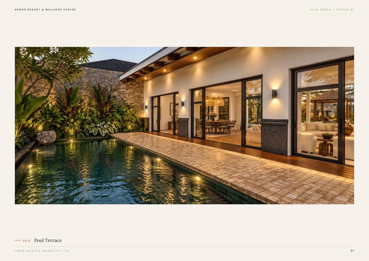 Villa Aroha Option 02, pool deck at evening
