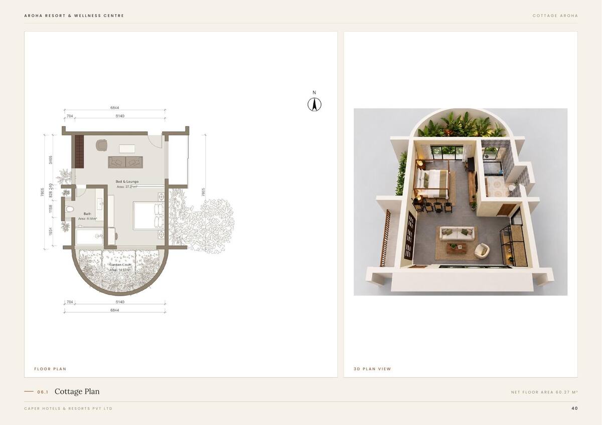 Cottage Aroha, floor plan and aerial isometric