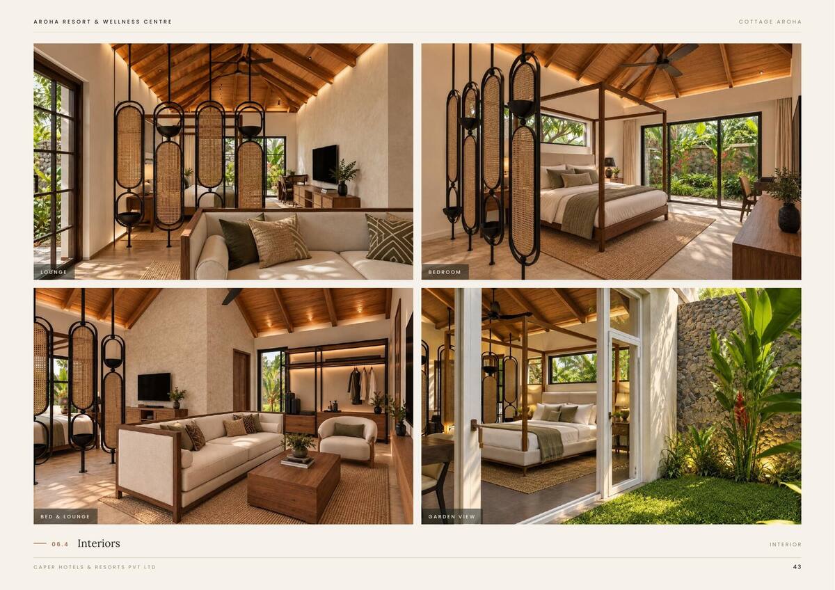Cottage Aroha, living room and bedroom interiors