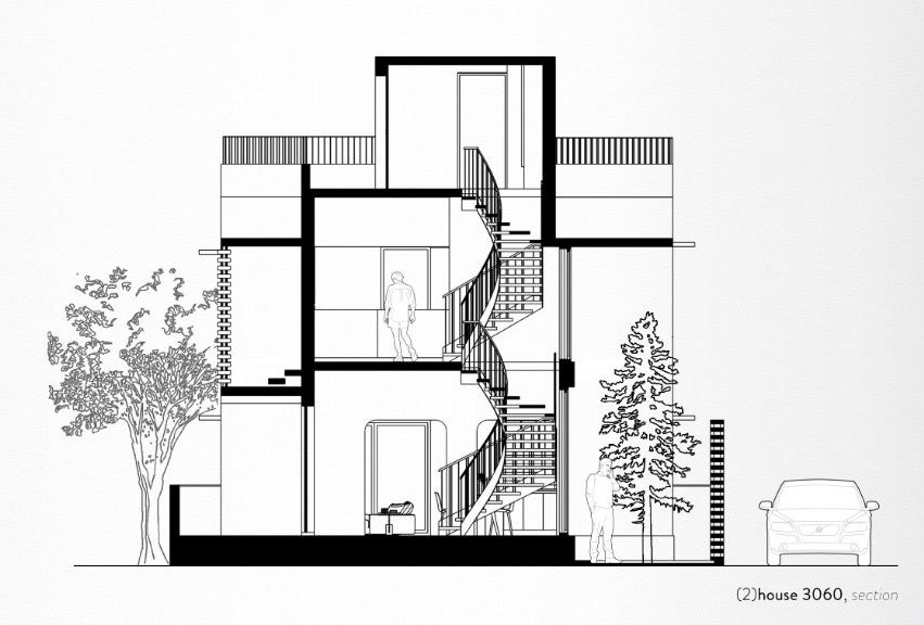KrishnaMurthy Residence building section with spiral staircase