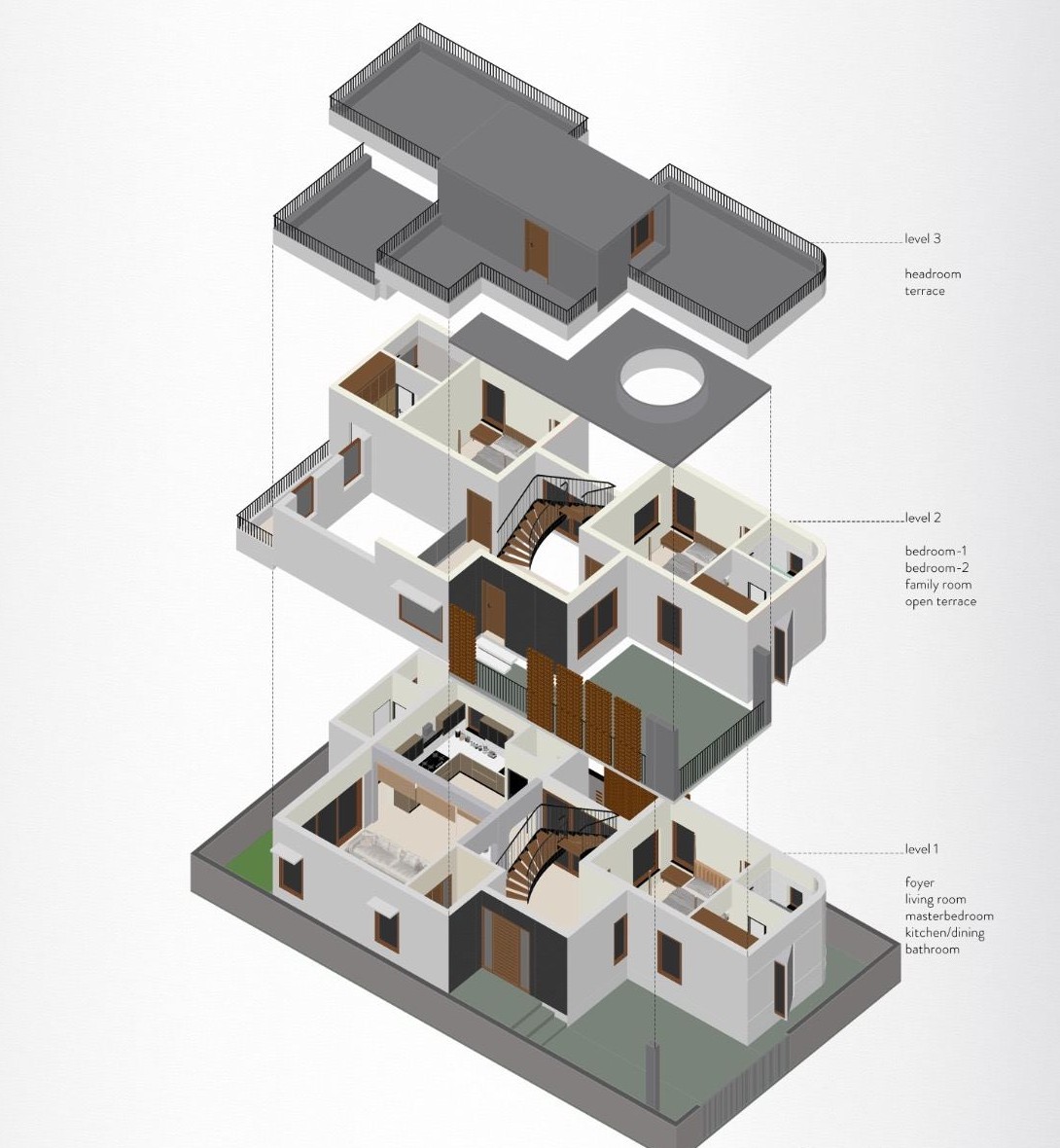 Exploded isometric drawing of KrishnaMurthy Residence showing all three levels